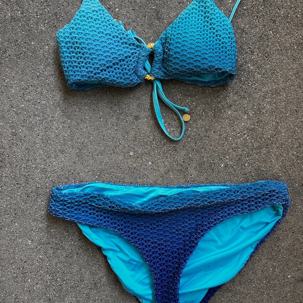 Trina Turk Blue Crochet Two-Piece Bikini Set and Coverup